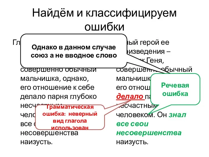 Найдём и классифицируем ошибки Главный герой ее произведения – мальчик