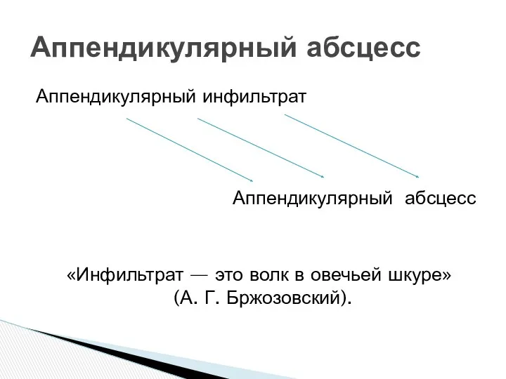 Аппендикулярный инфильтрат Аппендикулярный абсцесс «Инфильтрат — это волк в овечьей шкуре» (А. Г. Бржозовский). Аппендикулярный абсцесс