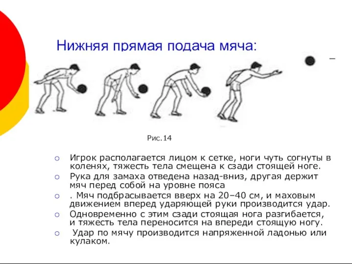 Нижняя прямая подача мяча: Игрок располагается лицом к сетке, ноги
