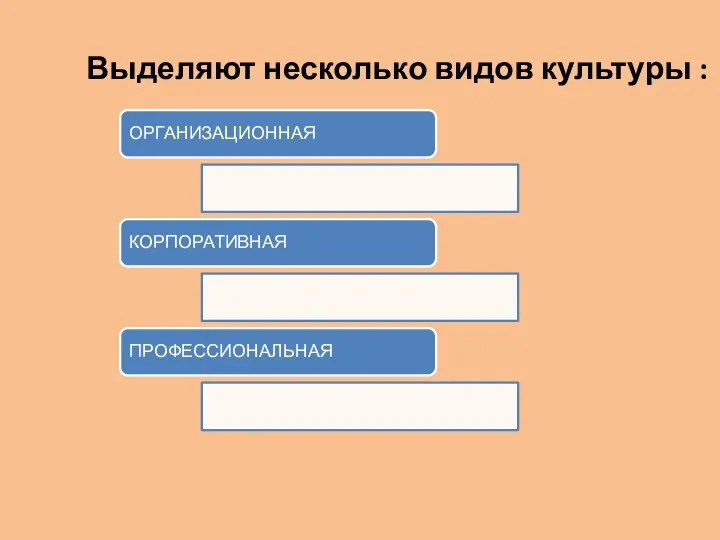 Выделяют несколько видов культуры : ОРГАНИЗАЦИОННАЯ КОРПОРАТИВНАЯ ПРОФЕССИОНАЛЬНАЯ