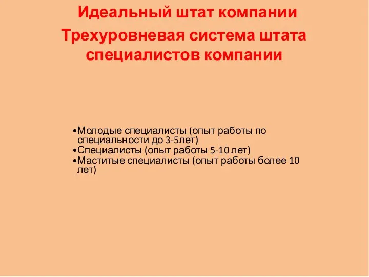 Идеальный штат компании Трехуровневая система штата специалистов компании Молодые специалисты