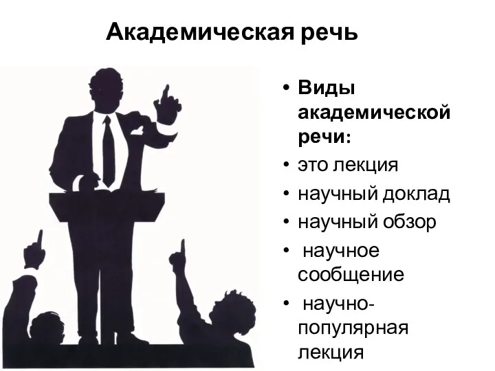 Академическая речь Виды академической речи: это лекция научный доклад научный обзор научное сообщение научно-популярная лекция