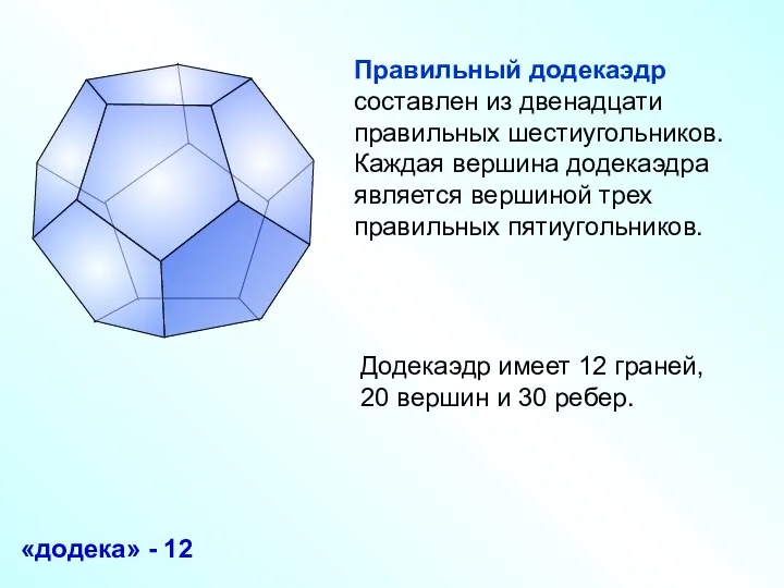 Правильный додекаэдр составлен из двенадцати правильных шестиугольников. Каждая вершина додекаэдра