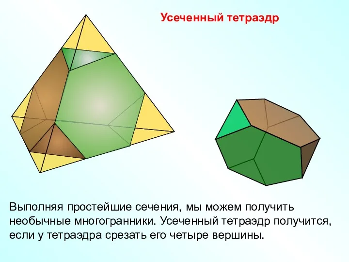 Усеченный тетраэдр Выполняя простейшие сечения, мы можем получить необычные многогранники.