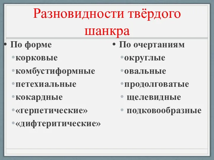 Разновидности твёрдого шанкра По форме корковые комбустиформные петехиальные кокардные «герпетические»