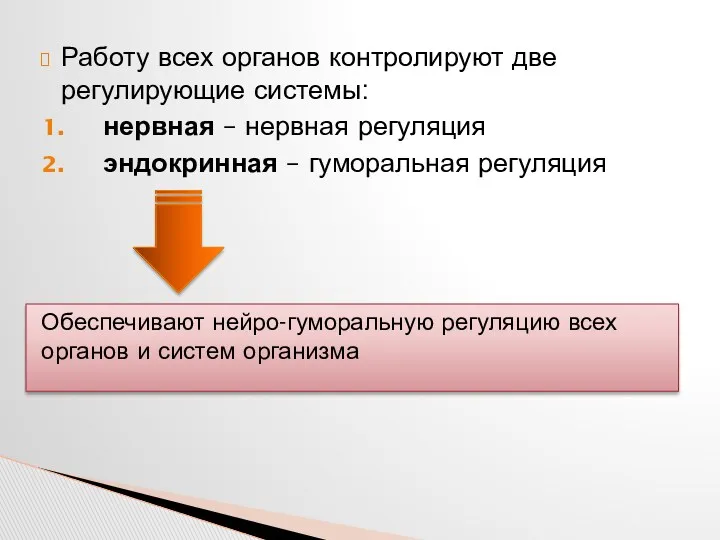 Работу всех органов контролируют две регулирующие системы: нервная – нервная