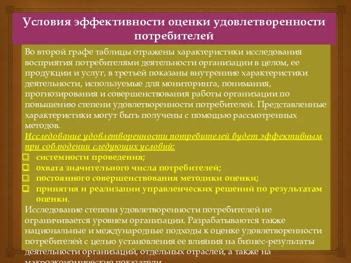 Условия эффективности оценки удовлетворенности потребителей Во второй графе таблицы отражены