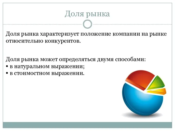 Доля рынка Доля рынка характеризует положение компании на рынке относительно