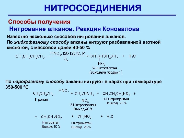 НИТРОСОЕДИНЕНИЯ Нитрование алканов. Реакция Коновалова Известно несколько способов нитрования алканов.