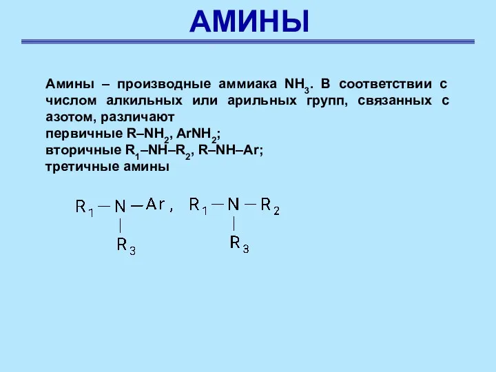 АМИНЫ Амины – производные аммиака NH3. В соответствии с числом