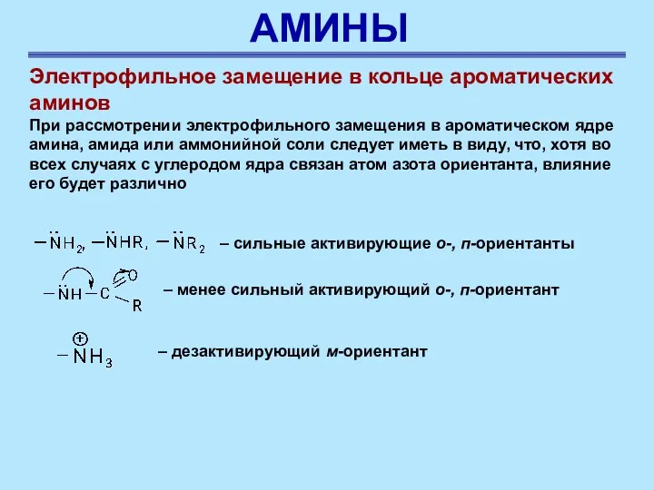 АМИНЫ Электрофильное замещение в кольце ароматических аминов При рассмотрении электрофильного