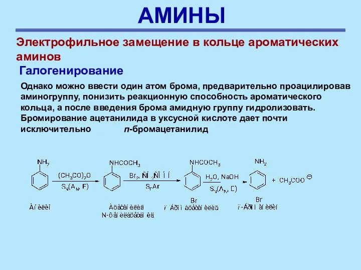 АМИНЫ Электрофильное замещение в кольце ароматических аминов Галогенирование Однако можно