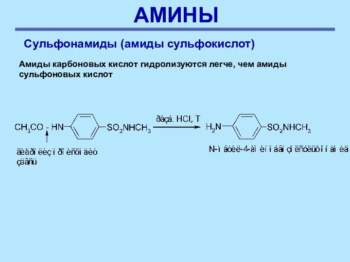 АМИНЫ Сульфонамиды (амиды сульфокислот) Амиды карбоновых кислот гидролизуются легче, чем амиды сульфоновых кислот