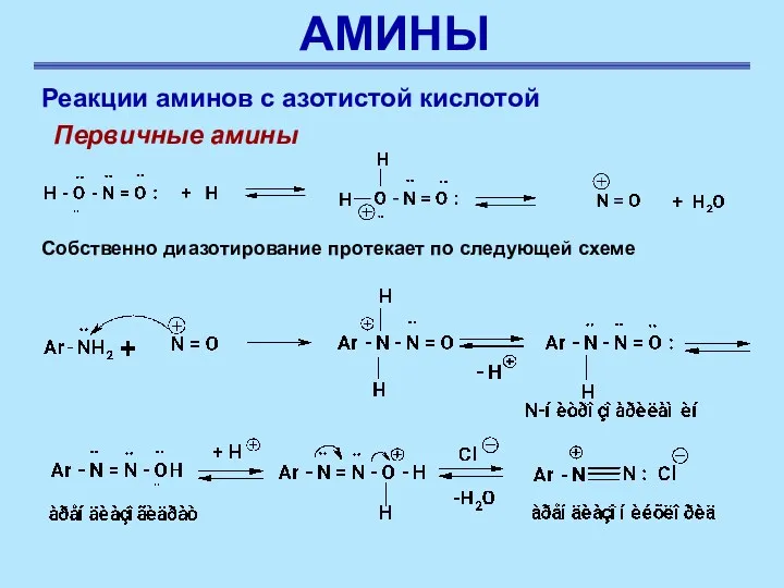 АМИНЫ Реакции аминов с азотистой кислотой Первичные амины Собственно диазотирование протекает по следующей схеме