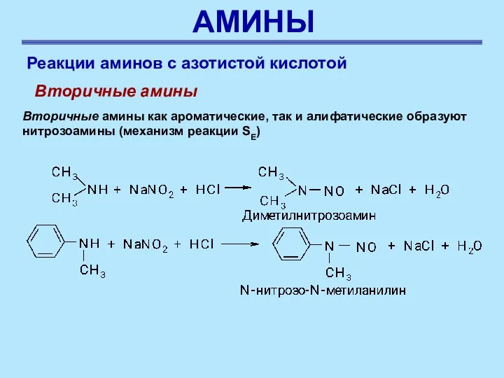 АМИНЫ Реакции аминов с азотистой кислотой Вторичные амины Вторичные амины