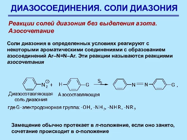 ДИАЗОСОЕДИНЕНИЯ. СОЛИ ДИАЗОНИЯ Реакции солей диазония без выделения азота. Азосочетание