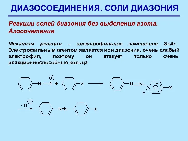 ДИАЗОСОЕДИНЕНИЯ. СОЛИ ДИАЗОНИЯ Реакции солей диазония без выделения азота. Азосочетание