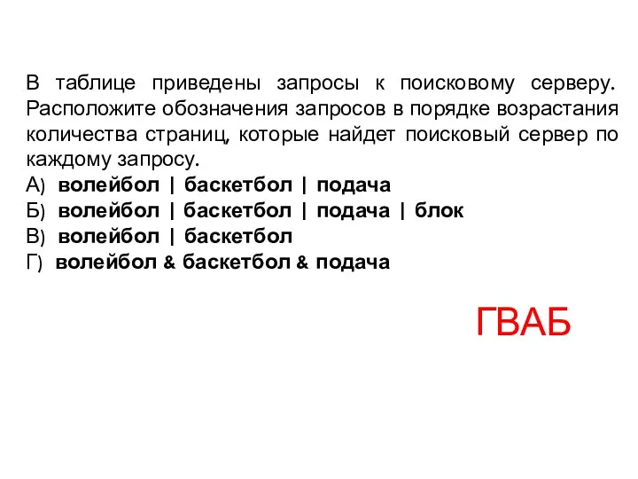 В таблице приведены запросы к поисковому серверу. Расположите обозначения запросов