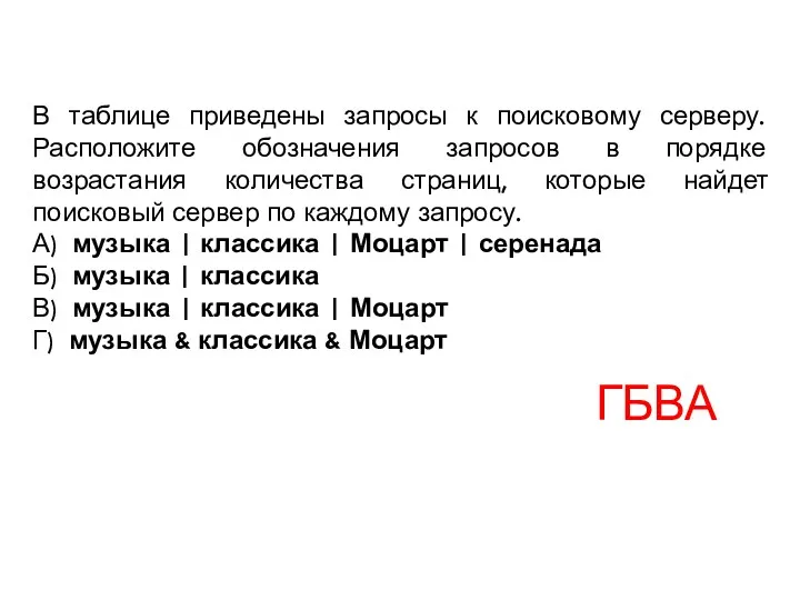 В таблице приведены запросы к поисковому серверу. Расположите обозначения запросов