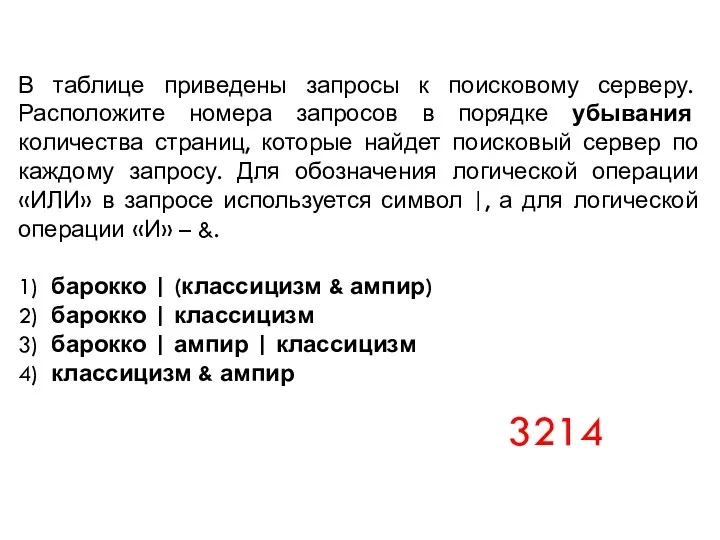 В таблице приведены запросы к поисковому серверу. Расположите номера запросов