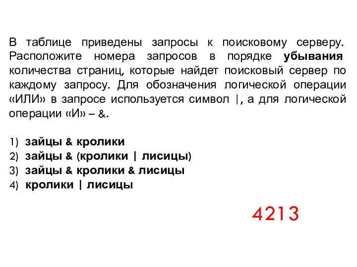 В таблице приведены запросы к поисковому серверу. Расположите номера запросов