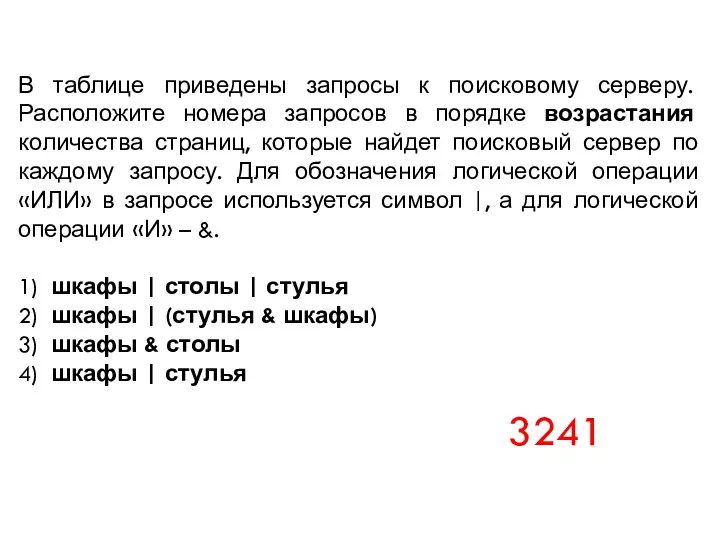 В таблице приведены запросы к поисковому серверу. Расположите номера запросов