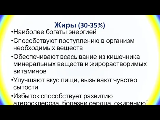 Жиры (30-35%) Наиболее богаты энергией Способствуют поступлению в организм необходимых