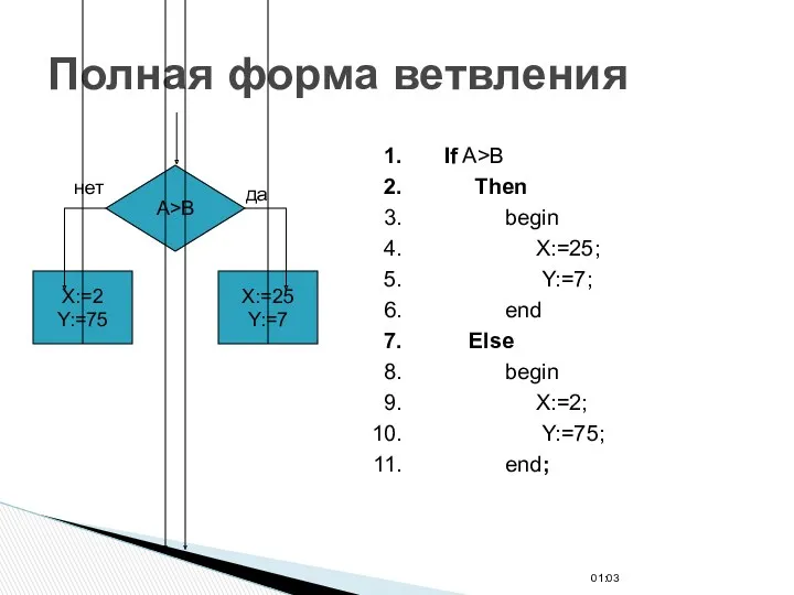 01:03 Полная форма ветвления If A>B Then begin X:=25; Y:=7; end Else begin X:=2; Y:=75; end;