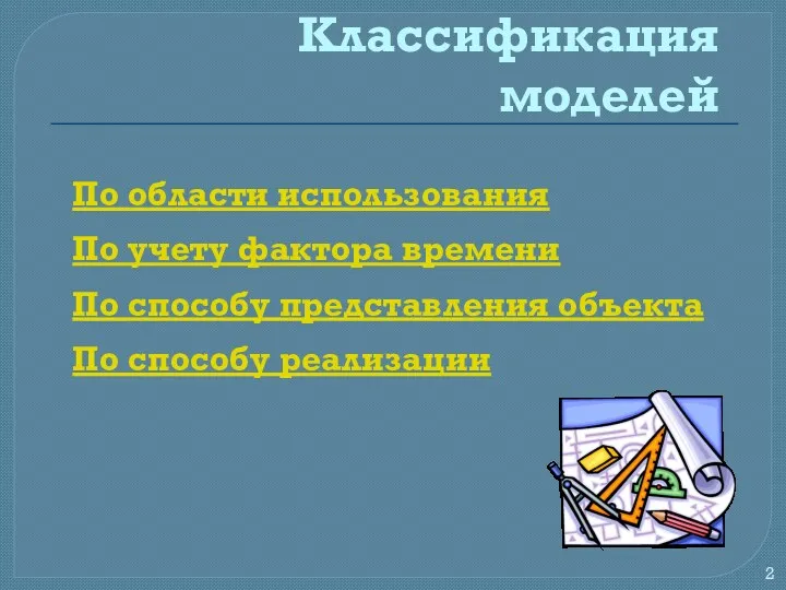 Классификация моделей По области использования По учету фактора времени По способу представления объекта По способу реализации