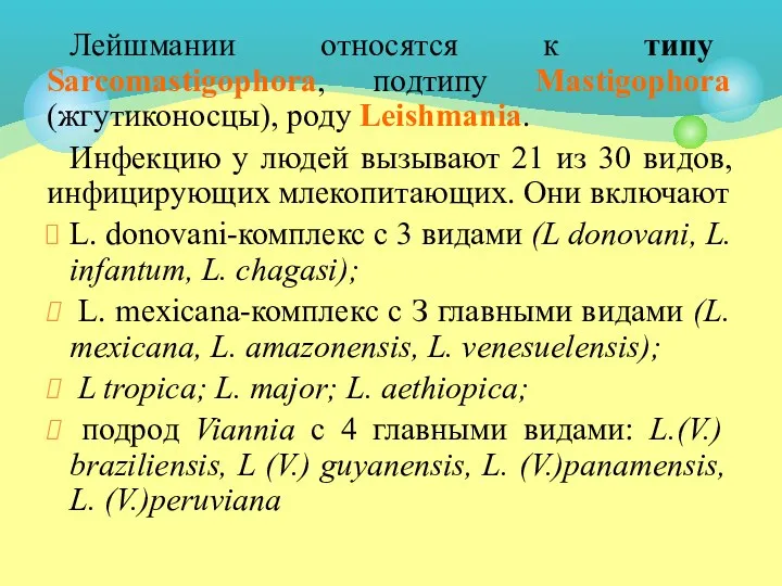 Лейшмании относятся к типу Sarcomastigophora, подтипу Mastigophora (жгутиконосцы), роду Leishmania.