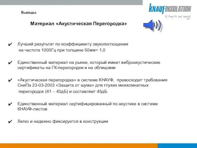 Выводы Материал «Акустическая Перегородка» Лучший результат по коэффициенту звукопоглощения на