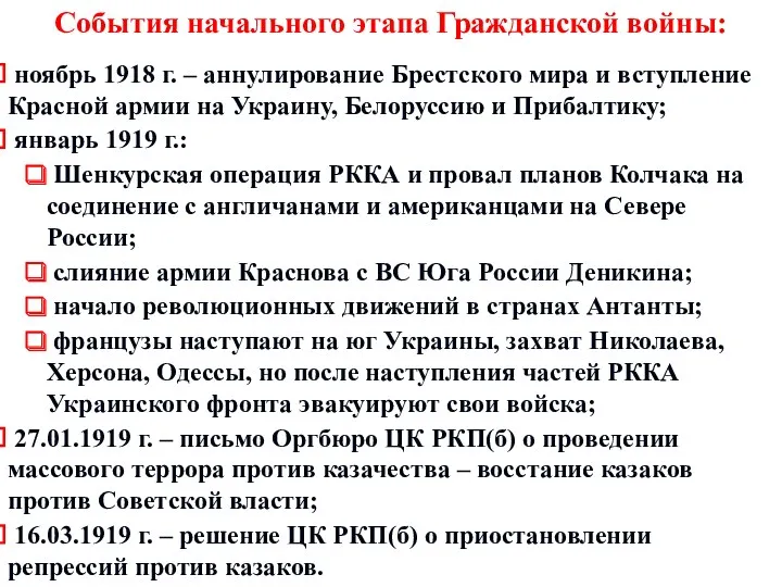 События начального этапа Гражданской войны: ноябрь 1918 г. – аннулирование