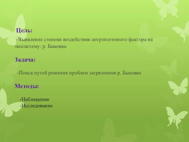 Цель: -Выявление степени воздействия антропогенного фактора на экосистему: р. Быковка