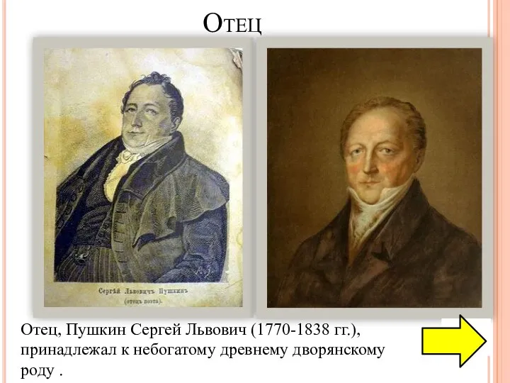 Отец Отец, Пушкин Сергей Львович (1770-1838 гг.), принадлежал к небогатому древнему дворянскому роду .