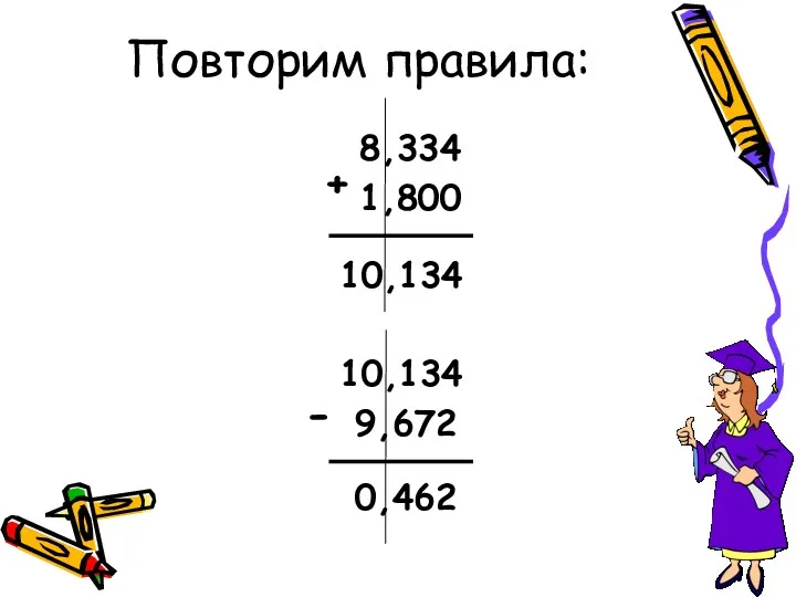 Повторим правила: 8,334 1,800 10,134 10,134 9,672 0,462 + -