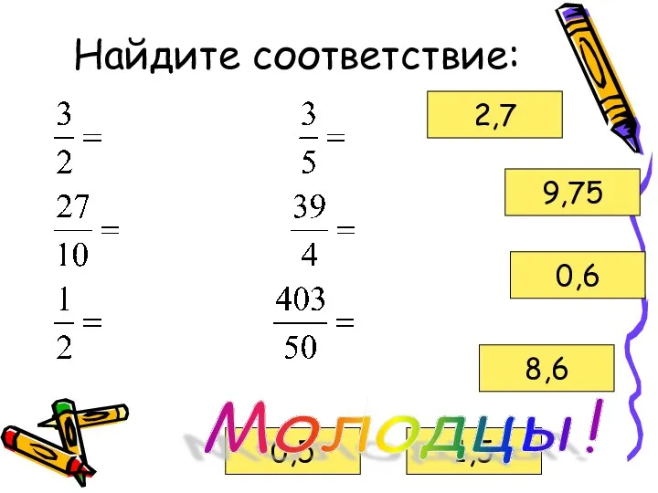 Найдите соответствие: 1,5 2,7 9,75 0,5 0,6 8,6 Молодцы!