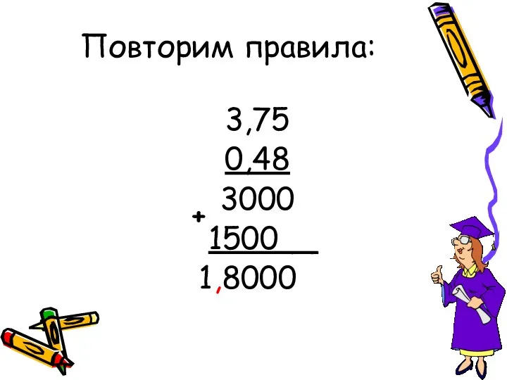 Повторим правила: 3,75 0,48 3000 1500__ 1,8000 +