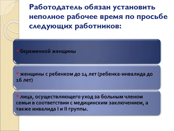 Работодатель обязан установить неполное рабочее время по просьбе следующих работников: