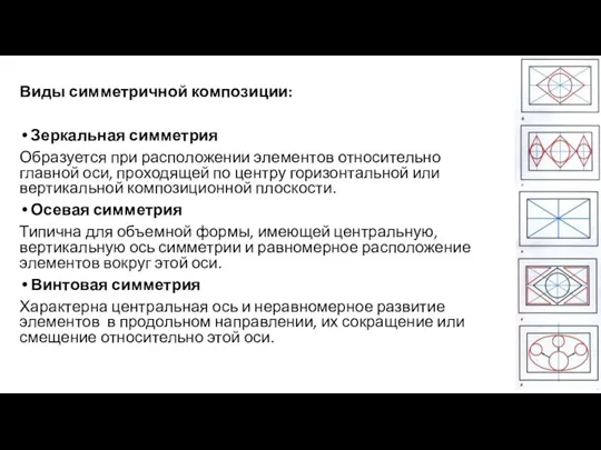 Виды симметричной композиции: Зеркальная симметрия Образуется при расположении элементов относительно