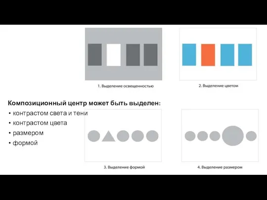 Композиционный центр может быть выделен: контрастом света и тени контрастом цвета размером формой