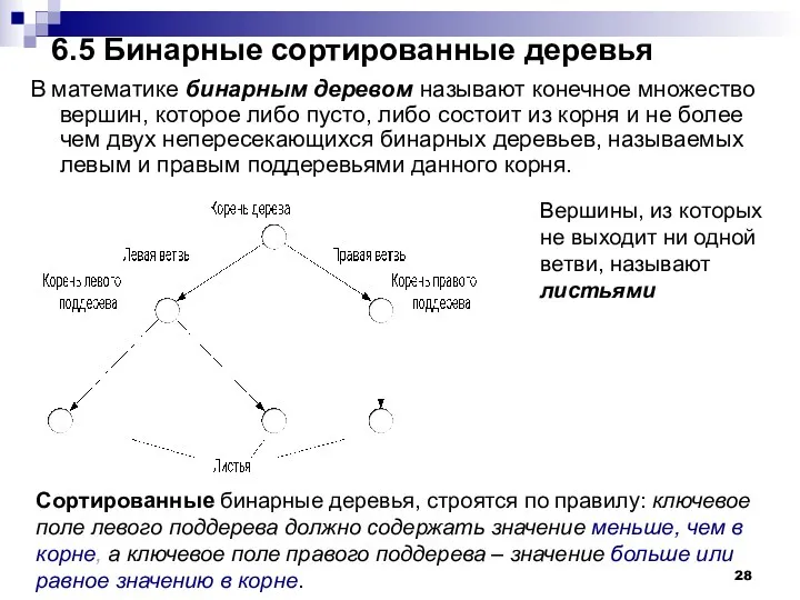 6.5 Бинарные сортированные деревья В математике бинарным деревом называют конечное