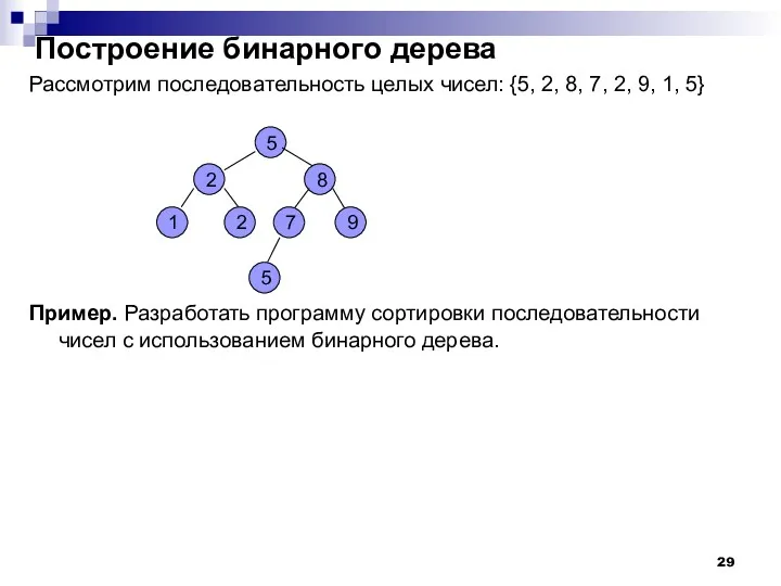 Построение бинарного дерева Рассмотрим последовательность целых чисел: {5, 2, 8,
