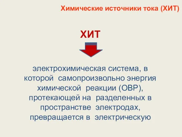 Химические источники тока (ХИТ) ХИТ электрохимическая система, в которой самопроизвольно