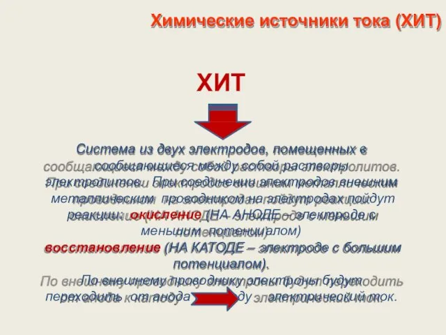 Химические источники тока (ХИТ) ХИТ Система из двух электродов, помещенных