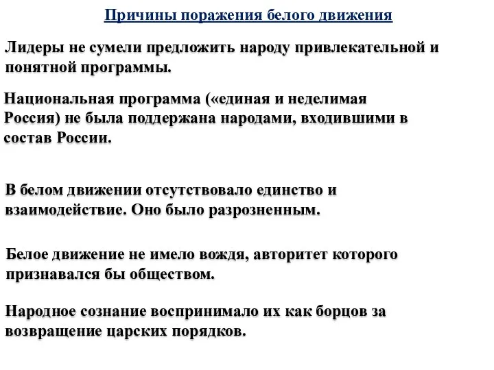 Причины поражения белого движения Лидеры не сумели предложить народу привлекательной и понятной программы.