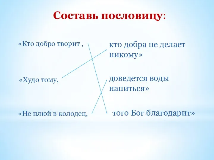 «Кто добро творит , «Худо тому, «Не плюй в колодец,