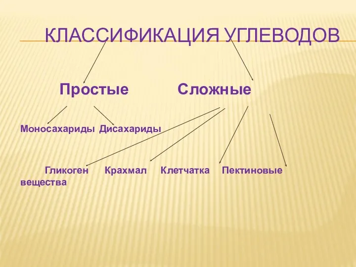 Простые Сложные Моносахариды Дисахариды Гликоген Крахмал Клетчатка Пектиновые вещества КЛАССИФИКАЦИЯ УГЛЕВОДОВ