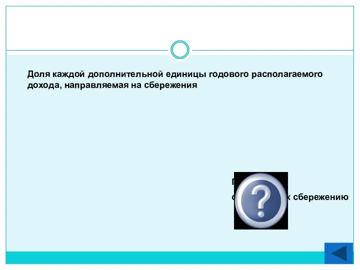 Доля каждой дополнительной единицы годового располагаемого дохода, направляемая на сбережения Предельная склонность к сбережению