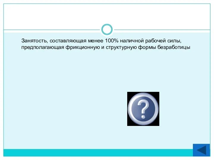 Занятость, составляющая менее 100% наличной рабочей силы, предполагающая фрикционную и структурную формы безработицы Полная занятость