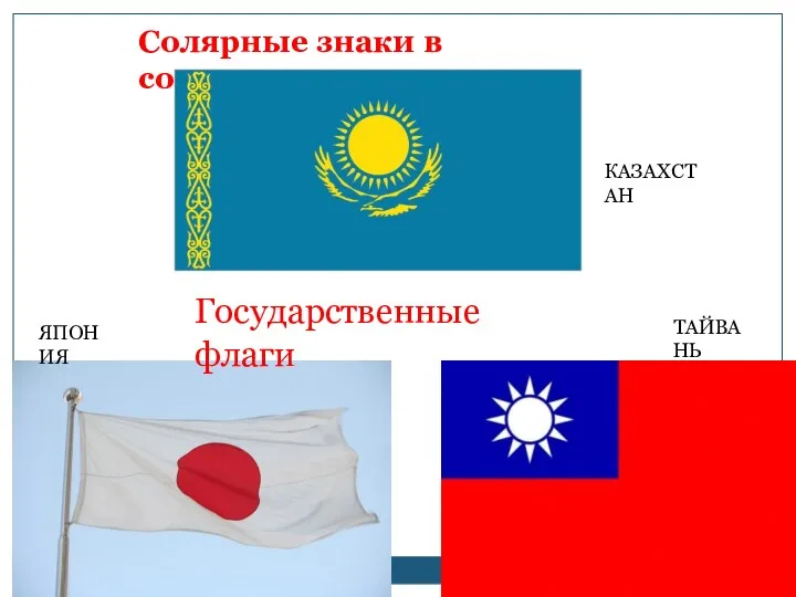 Государственные флаги Солярные знаки в современном мире ЯПОНИЯ ТАЙВАНЬ КАЗАХСТАН